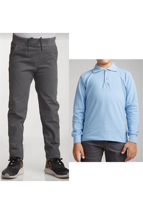 Unisex Çocuk Ribana Bel Keten Siyah Okul Pantolonu + Polo Yaka Uzun Kol T-shirt