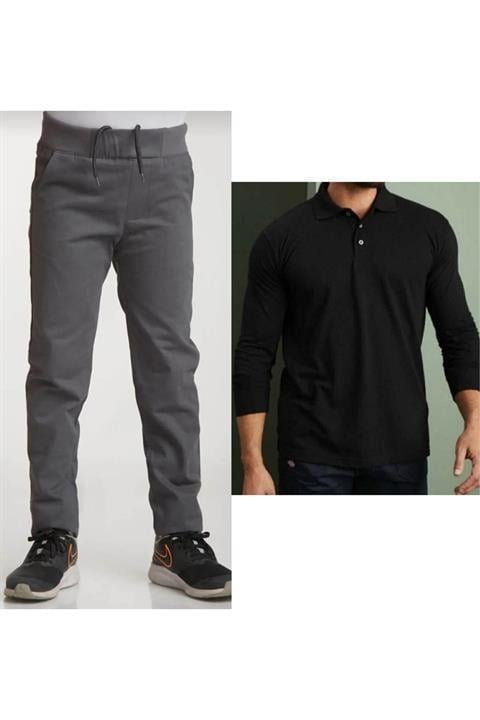 Unisex Çocuk Ribana Bel Keten Siyah Okul Pantolonu + Polo Yaka Uzun Kol T-shirt