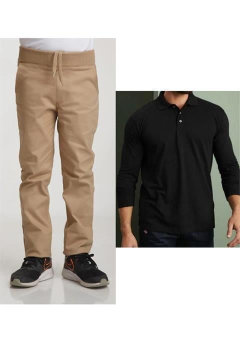 Unisex Çocuk Ribana Bel Keten Siyah Okul Pantolonu + Polo Yaka Uzun Kol T-shirt