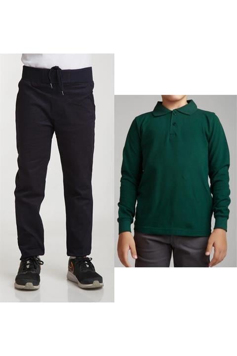 Unisex Çocuk Ribana Bel Keten Siyah Okul Pantolonu + Polo Yaka Uzun Kol T-shirt