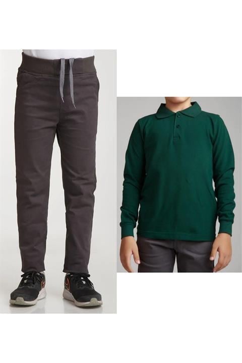Unisex Çocuk Ribana Bel Keten Siyah Okul Pantolonu + Polo Yaka Uzun Kol T-shirt