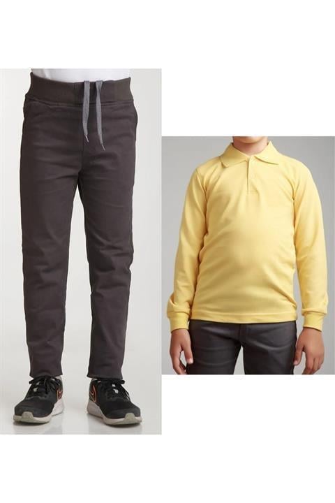 Unisex Çocuk Ribana Bel Keten Siyah Okul Pantolonu + Polo Yaka Uzun Kol T-shirt