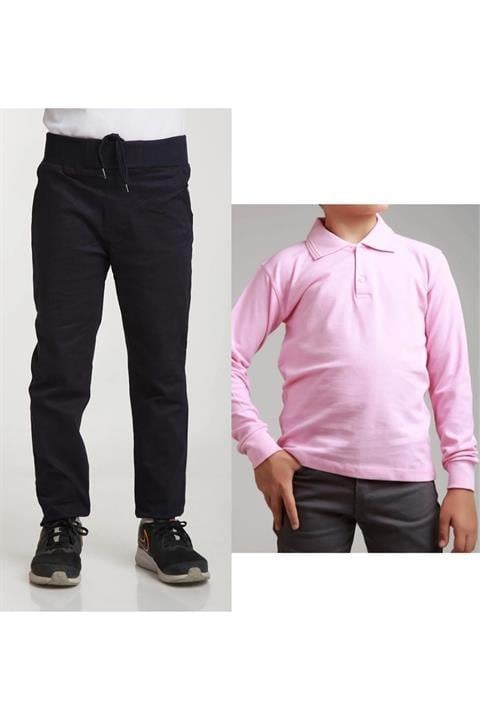 Unisex Çocuk Ribana Bel Keten Siyah Okul Pantolonu + Polo Yaka Uzun Kol T-shirt