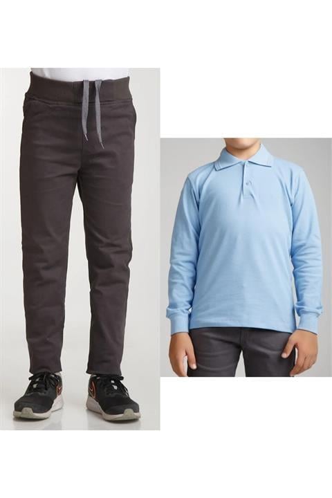 Unisex Çocuk Ribana Bel Keten Siyah Okul Pantolonu + Polo Yaka Uzun Kol T-shirt