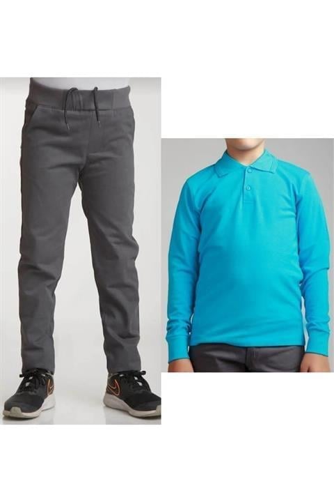 Unisex Çocuk Ribana Bel Keten Siyah Okul Pantolonu + Polo Yaka Uzun Kol T-shirt