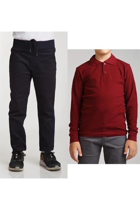 Unisex Çocuk Ribana Bel Keten Siyah Okul Pantolonu + Polo Yaka Uzun Kol T-shirt