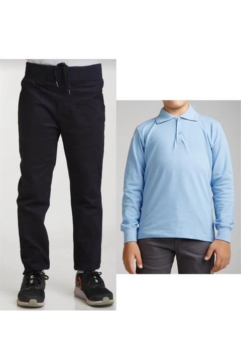 Unisex Çocuk Ribana Bel Keten Siyah Okul Pantolonu + Polo Yaka Uzun Kol T-shirt
