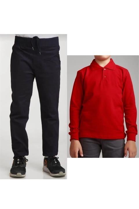 Unisex Çocuk Ribana Bel Keten Siyah Okul Pantolonu + Polo Yaka Uzun Kol T-shirt