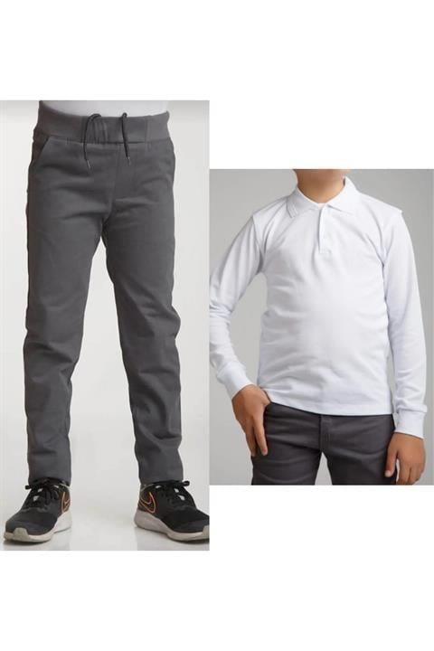 Unisex Çocuk Ribana Bel Keten Siyah Okul Pantolonu + Polo Yaka Uzun Kol T-shirt