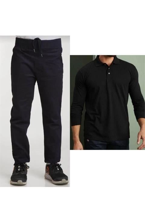 Unisex Çocuk Ribana Bel Keten Siyah Okul Pantolonu + Polo Yaka Uzun Kol T-shirt
