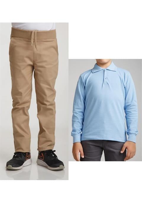 Unisex Çocuk Ribana Bel Keten Siyah Okul Pantolonu + Polo Yaka Uzun Kol T-shirt