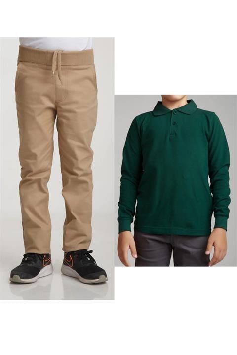 Unisex Çocuk Ribana Bel Keten Siyah Okul Pantolonu + Polo Yaka Uzun Kol T-shirt