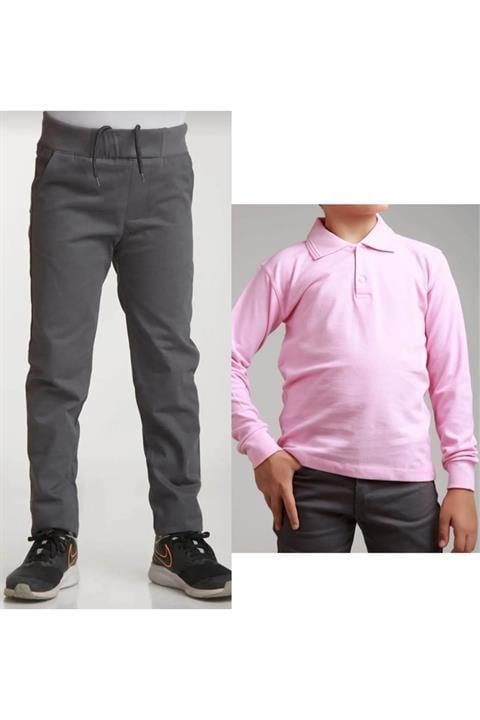 Unisex Çocuk Ribana Bel Keten Siyah Okul Pantolonu + Polo Yaka Uzun Kol T-shirt