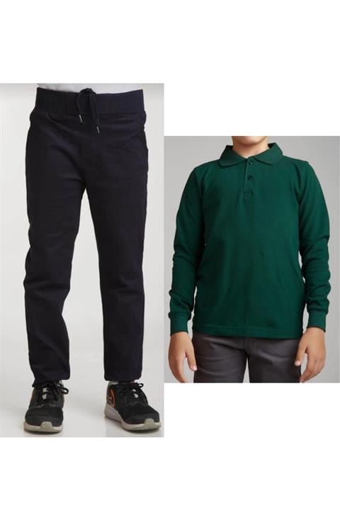 Unisex Çocuk Ribana Bel Keten Siyah Okul Pantolonu + Polo Yaka Uzun Kol T-shirt