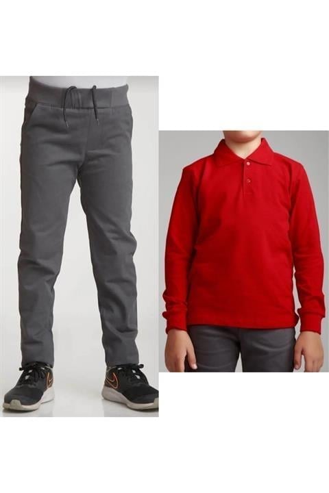 Unisex Çocuk Ribana Bel Keten Siyah Okul Pantolonu + Polo Yaka Uzun Kol T-shirt