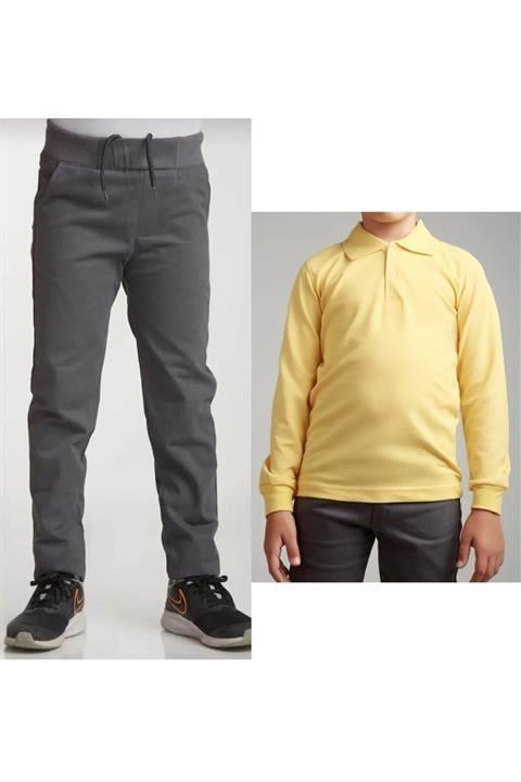 Unisex Çocuk Ribana Bel Keten Siyah Okul Pantolonu + Polo Yaka Uzun Kol T-shirt