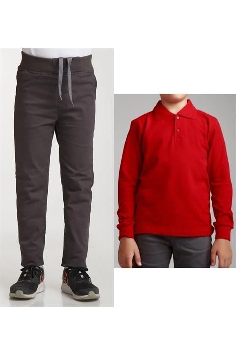 Unisex Çocuk Ribana Bel Keten Siyah Okul Pantolonu + Polo Yaka Uzun Kol T-shirt