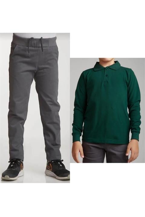 Unisex Çocuk Ribana Bel Keten Siyah Okul Pantolonu + Polo Yaka Uzun Kol T-shirt