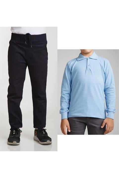 Unisex Çocuk Ribana Bel Keten Siyah Okul Pantolonu + Polo Yaka Uzun Kol T-shirt