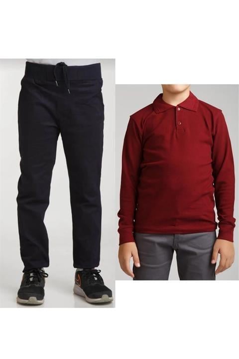 Unisex Çocuk Ribana Bel Keten Siyah Okul Pantolonu + Polo Yaka Uzun Kol T-shirt