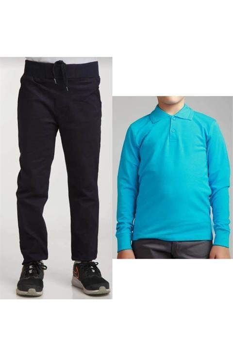 Unisex Çocuk Ribana Bel Keten Siyah Okul Pantolonu + Polo Yaka Uzun Kol T-shirt