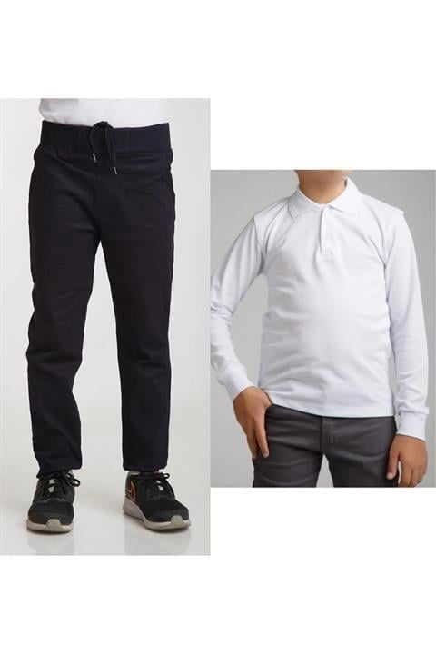 Unisex Çocuk Ribana Bel Keten Siyah Okul Pantolonu + Polo Yaka Uzun Kol T-shirt