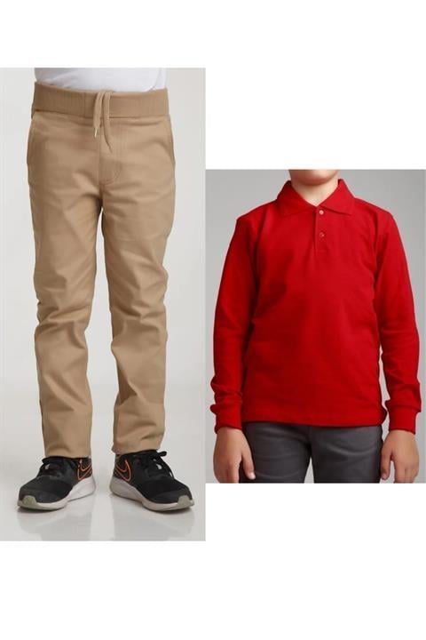 Unisex Çocuk Ribana Bel Keten Siyah Okul Pantolonu + Polo Yaka Uzun Kol T-shirt