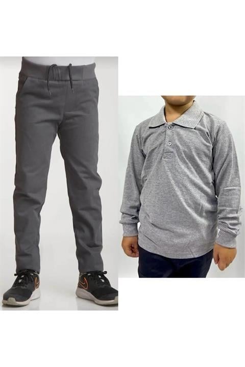 Unisex Çocuk Ribana Bel Keten Siyah Okul Pantolonu + Polo Yaka Uzun Kol T-shirt