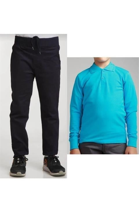 Unisex Çocuk Ribana Bel Keten Siyah Okul Pantolonu + Polo Yaka Uzun Kol T-shirt
