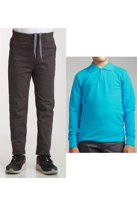Unisex Çocuk Ribana Bel Keten Siyah Okul Pantolonu + Polo Yaka Uzun Kol T-shirt
