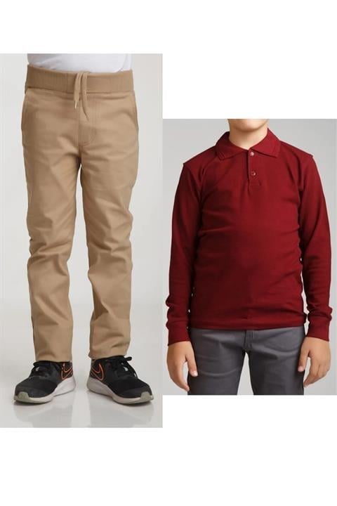 Unisex Çocuk Ribana Bel Keten Siyah Okul Pantolonu + Polo Yaka Uzun Kol T-shirt