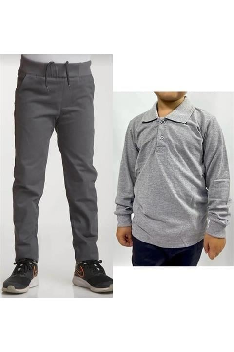 Unisex Çocuk Ribana Bel Keten Siyah Okul Pantolonu + Polo Yaka Uzun Kol T-shirt