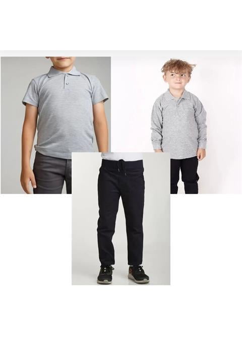 Unisex çocuk ribana bel pantolon kısa-uzun kol polo yaka t-shirt (2adet) 3'lü takım
