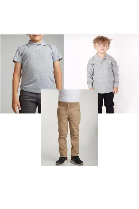 Unisex çocuk ribana bel pantolon kısa-uzun kol polo yaka t-shirt (2adet) 3'lü takım