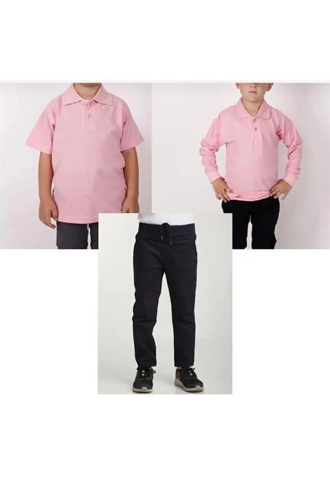 Unisex çocuk ribana bel pantolon kısa-uzun kol polo yaka t-shirt (2adet) 3'lü takım