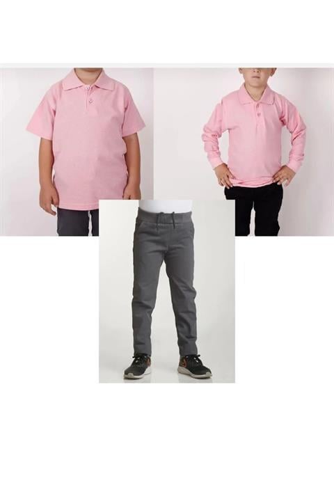 Unisex çocuk ribana bel pantolon kısa-uzun kol polo yaka t-shirt (2adet) 3'lü takım