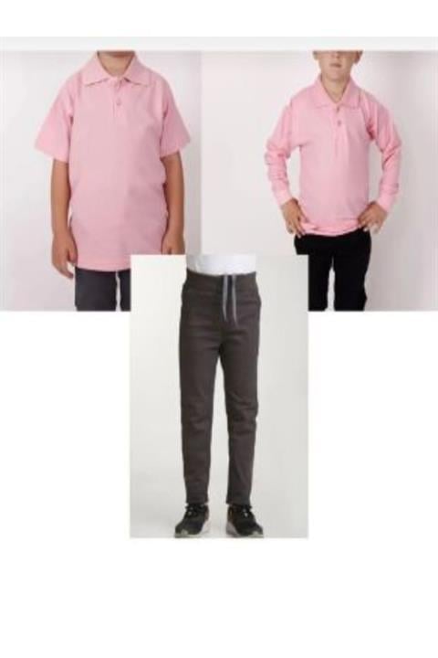 Unisex çocuk ribana bel pantolon kısa-uzun kol polo yaka t-shirt (2adet) 3'lü takım