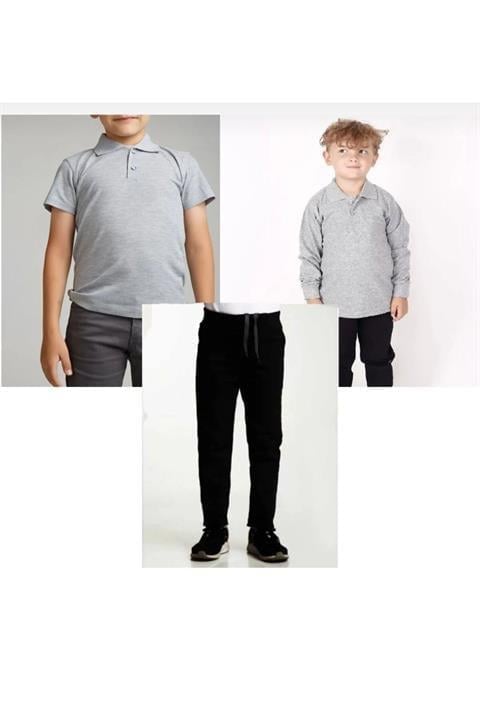 Unisex çocuk ribana bel pantolon kısa-uzun kol polo yaka t-shirt (2adet) 3'lü takım