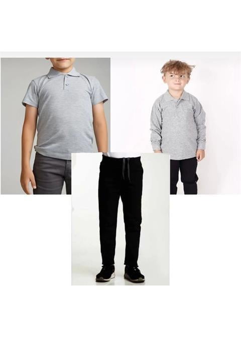 Unisex çocuk ribana bel pantolon kısa-uzun kol polo yaka t-shirt (2adet) 3'lü takım