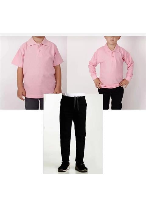 Unisex çocuk ribana bel pantolon kısa-uzun kol polo yaka t-shirt (2adet) 3'lü takım