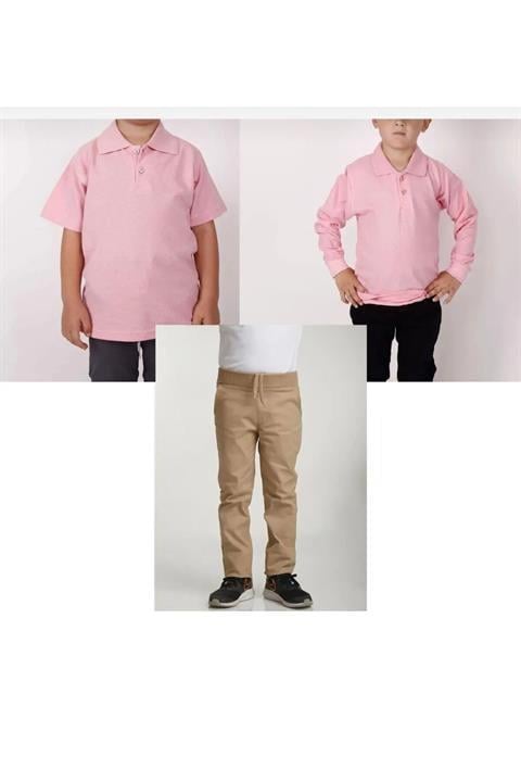 Unisex çocuk ribana bel pantolon kısa-uzun kol polo yaka t-shirt (2adet) 3'lü takım