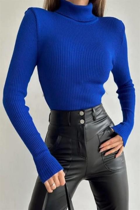Unisex Pudra Pamuklu Kumaş Balıkçı Yaka Kaşkorse Şardonlu Pamuklu Slimfit Boğazlı Kazak
