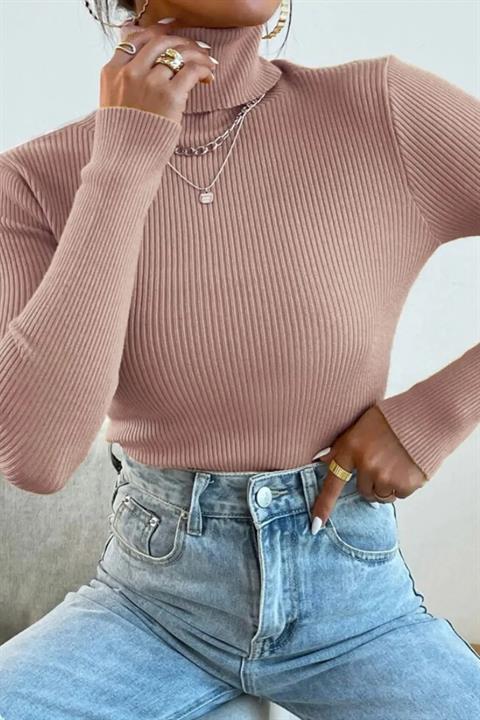 Unisex Pudra Pamuklu Kumaş Balıkçı Yaka Kaşkorse Şardonlu Pamuklu Slimfit Boğazlı Kazak