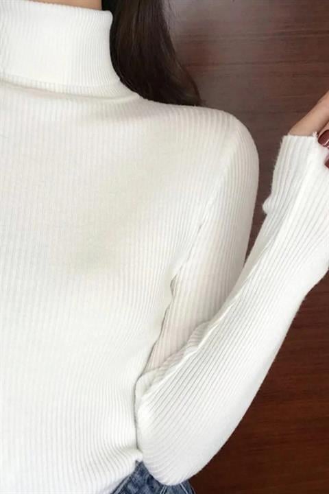 Unisex Pudra Pamuklu Kumaş Balıkçı Yaka Kaşkorse Şardonlu Pamuklu Slimfit Boğazlı Kazak