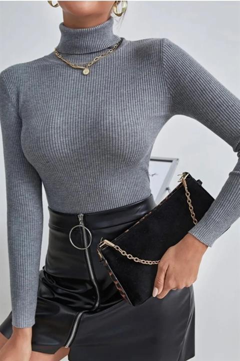 Unisex Pudra Pamuklu Kumaş Balıkçı Yaka Kaşkorse Şardonlu Pamuklu Slimfit Boğazlı Kazak