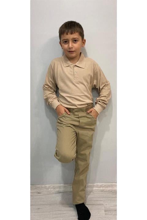 Unısex Uzun Kollu Polo Yaka Bej Rengi Okul Tişörtü