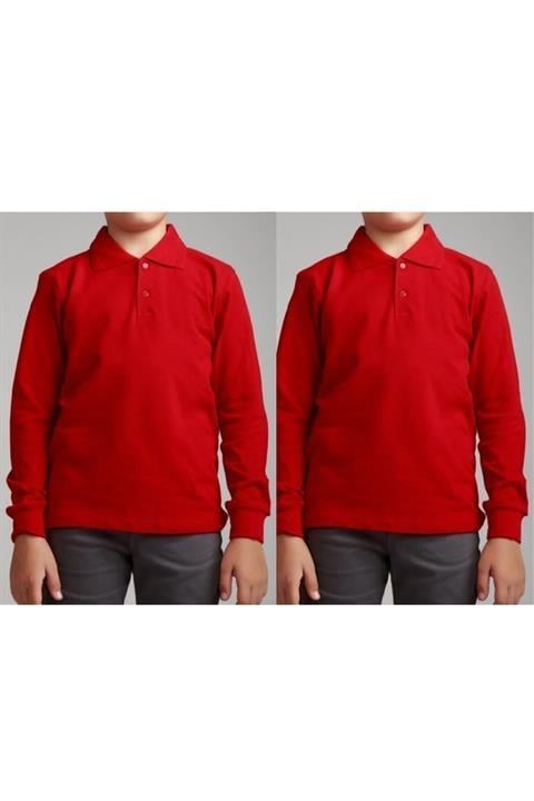 Unisex Uzun Kollu Polo Yaka Çocuk Okul Tshirt 2 Adet