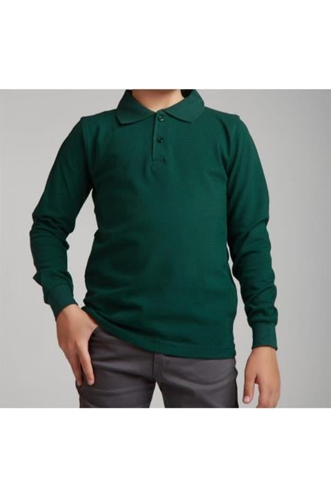 Uzun Kollu Koyu Yeşil Genç Boy Lise Okul Lakos Polo Yaka T-shirt