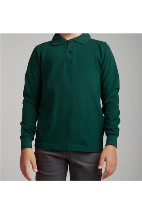 Uzun Kollu Koyu Yeşil Genç Boy Lise Okul Lakos Polo Yaka T-shirt