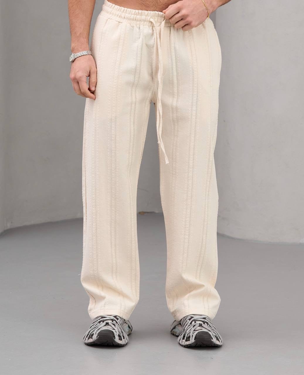 Bej Nakışlı Baggy Keten Pantolon